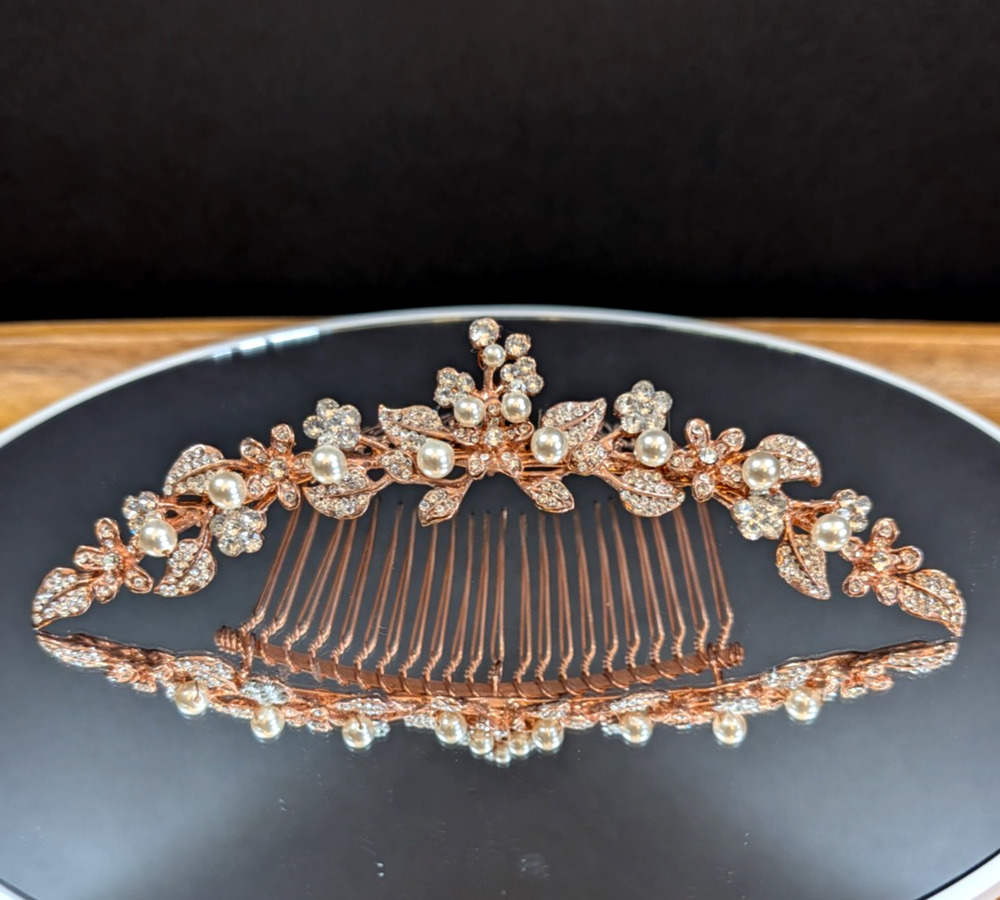 Rose Gold Bridal Hair Comb Crystal Pearl Floral Wedding Headpiece Rhinestone